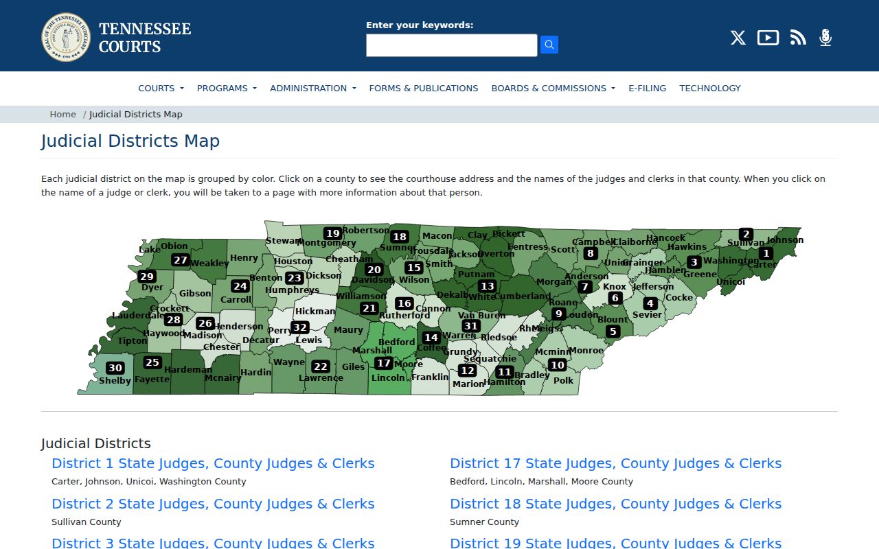 Tennessee judicial district map for Trousdale County criminal court cases