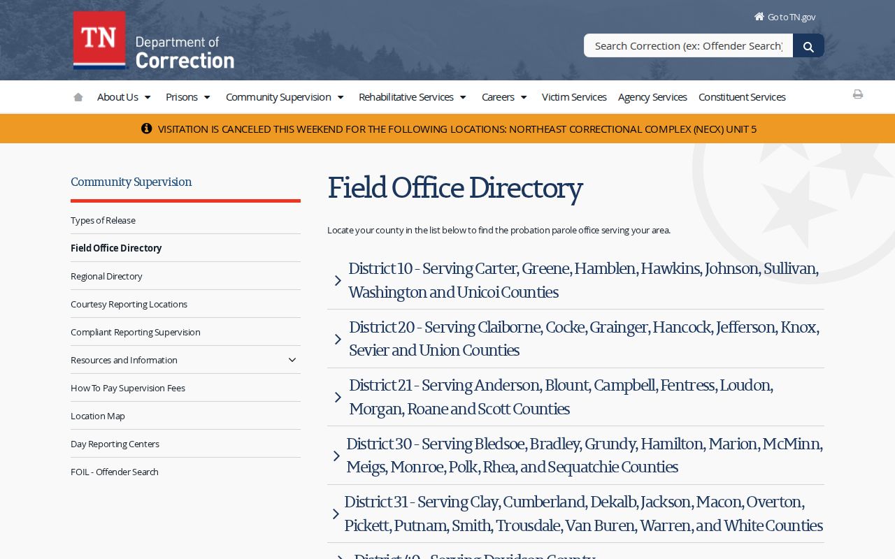 Trousdale County criminal history TDOC probation and parole office directory